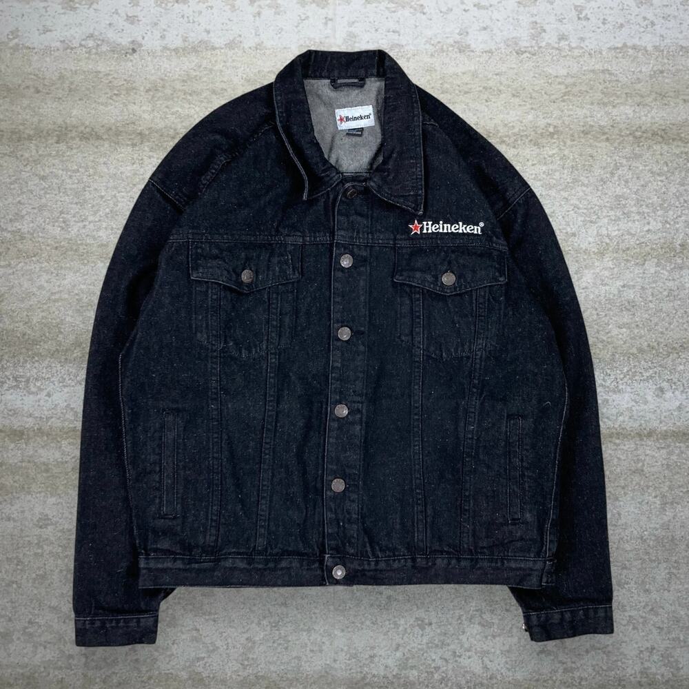 Vintage Y2K Heineken Jean Jacket Mens XL Black Wash Button Up Red Star Records - Picture 2 of 3